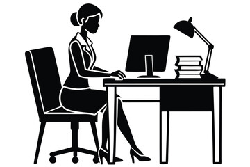 Office girl working on her desk silhouette illustration black and white design