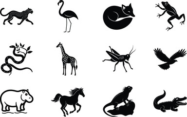 Wild Animal Silhouettes Jaguar, Flamingo, Fox, Frog, Snake, Giraffe, Cricket, Bird, Hippo, Horse