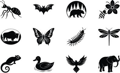 Wildlife Icons Ant, Bat, Bear, Bee, Bison, Butterfly, Centipede, Chameleon, Dragonfly, Duck