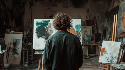 Artist Contemplating Creative Work in Vibrant Art Studio