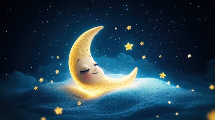 Sleepy moon rests on snowy night sky