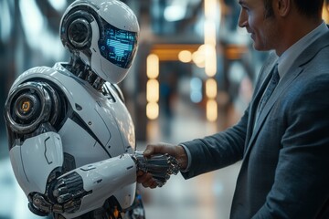 Futuristic humanoid robot engaged in a conversation with a person