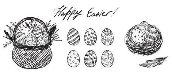 Happy Easter holiday decoration in brush stroke texture isolated on white background. Hand drawn vector sketch illustration in vintage charcoal ink. Easter eggs design, basket and nest, willow branch.