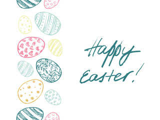 Seamless border Easter eggs frame drawing in black brush stroke texture isolated on white background. Hand drawn vector sketch illustration in vintage charcoal ink. Easter decoration, holiday symbol.