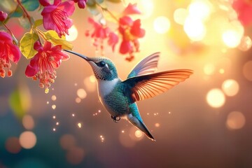 Naklejka premium Close-up of a hummingbird feeding on bright pink flowers