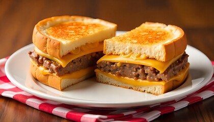 A sandwich in half, the melted cheese appears from the sandwich, and the minced meat, in a white dish.
