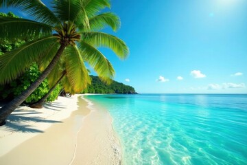 Palm-fringed shore, crystal clear water, sun-drenched paradise , landscape, holiday, island