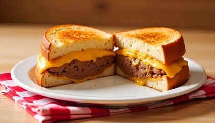 A sandwich in half, the melted cheese appears from the sandwich, and the minced meat, in a white dish.