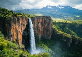Majestic Waterfall Cascading Down Rocky Cliff Surrounded by Lush Greenery and Dramatic Mountain Landscape Under Stormy Sky