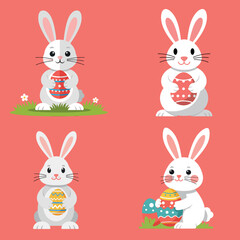 Four adorable bunnies holding colorful Easter eggs in a cheerful flat vector illustration setting with a vibrant background