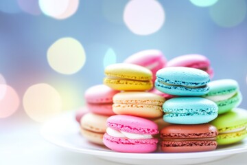 Obraz premium Colorful macarons stacked on a white plate against a blurred, softly lit background during a festive gathering