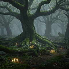 Enchanted Forest Path with Glowing Mushrooms in Misty Atmosphere