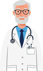 Fototapeta premium Elderly male doctor with glasses in a white coat and stethoscope, illustrated in a flat style as vector art
