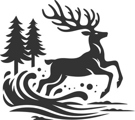 Deer running through a shallow stream animal silhouette vector