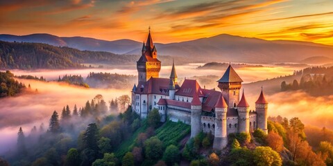 Fototapeta premium Majestic Castle Perched on Hilltop, Bathed in Golden Sunrise Light, Enveloped by Misty Valley