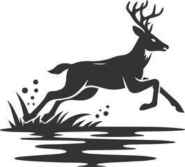 Deer running through a shallow stream animal silhouette vector