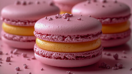 Vibrant pink, violet, and yellow macarons stacked elegantly on a plate, highlighting their delicate texture and sweet flavors