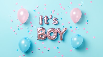 Fototapeta premium Celebration of a new arrival with pink and blue balloons and confetti announcing it's a boy in a joyful atmosphere