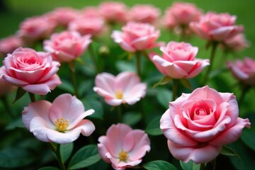 Soft pink rose petals on a bed of lush green leaves, blossoms, soft pink roses