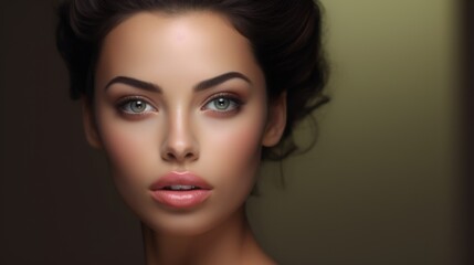 Captivating portrait of a young woman with striking features and vibrant eyes in soft lighting
