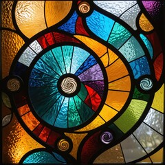 This colorful stained glass window features a vibrant, spiral pattern with a central spiral, surrounded by smaller squares and circles, creating a captivating visual experience