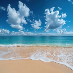 Fototapeta premium Serene beach scene with turquoise water and fluffy clouds creating a tranquil and inviting atmosphere on a sunny day