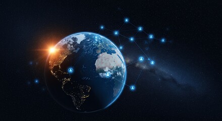 Obraz premium Earth Globe Showing Network Connections and Sun Rise in Space