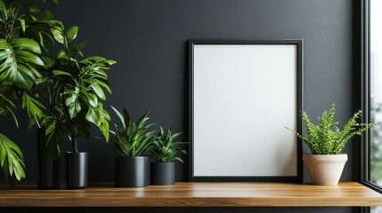 Modern interior with plants and empty frame