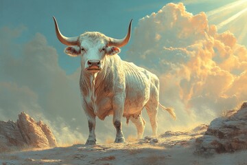 Sure, here is the rephrased sentence with the specified format:The large bull stands on a rock, centered in the middle, in the form of a golden calf