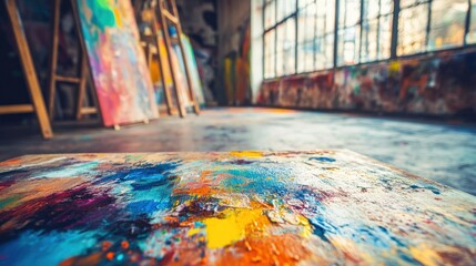 Colorful Abstract Paint Texture in Artist Studio with Canvases