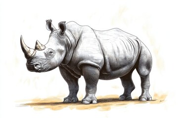 Obraz premium Detailed drawing of a rhinoceros showcasing its distinctive features and stance in a natural setting