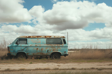 Large van parked in the countryside.