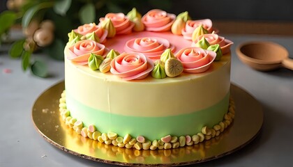 rose pistachio cake, golden cake board