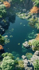 Obraz premium Serene Teal Pond Surrounded by Verdant Foliage and Jagged Rocks in a Tranquil Natural Setting Aerial View
