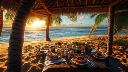 Luxurious beachside breakfast under a thatched roof palapa at sunrise.  Enjoy a gourmet meal with ocean views.
