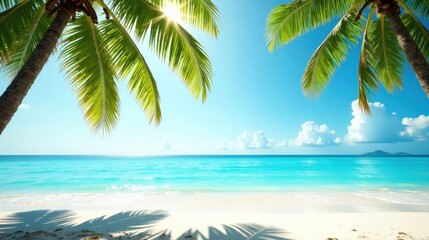 Obraz premium Serene tropical beach scene with palm trees, soft sand, and calm turquoise water under a bright sun