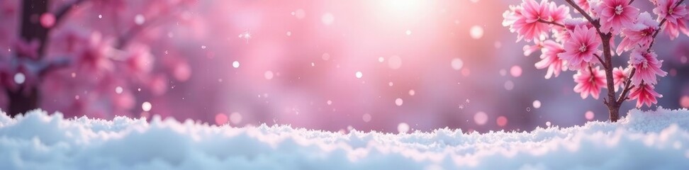 Soft pink snowflakes gently fall on a winter landscape, calm, copy space, cold