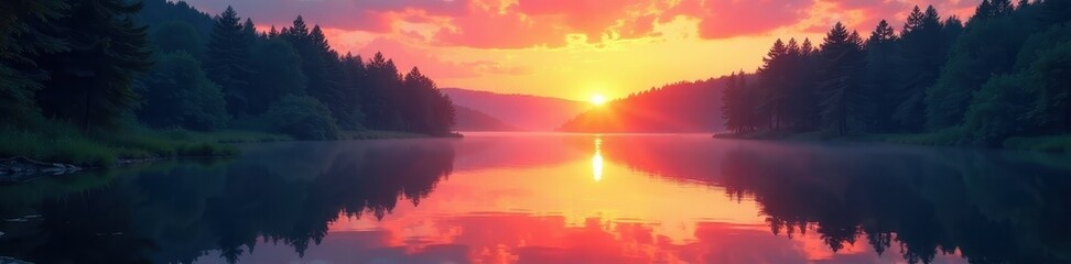 Still water reflects vibrant sunset hues amidst tranquil forest , still, scene