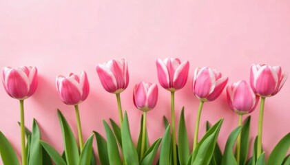 Fototapeta premium Soft pink tulips bloom in a serene field on a pale pink background, garden, floral