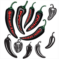 set vector various chili silhouettes