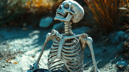 A detailed skeleton model in a natural outdoor setting.
