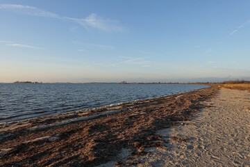 Scenic view of a calm shoreline at sunset with sandy beach and gentle waves