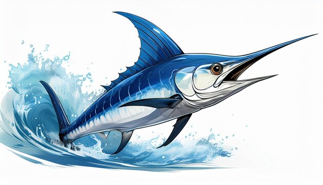 detailed illustration of a blue marlin swordfish jumping out of the ocean isolated on a white background generative ai