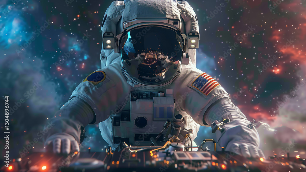 Poster this astronauts interact with cutting-edge tech in a lively space, highlighting future tourism. dj