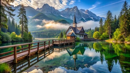 Fototapeta premium Serene Lakeside Chapel at Dawn, Reflected in Still Waters, Surrounded by Majestic Mountains and Lush Evergreen Forest