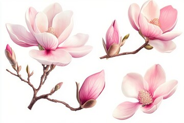 Fototapeta premium Pink magnolia blossoms and buds on branches, isolated on white.