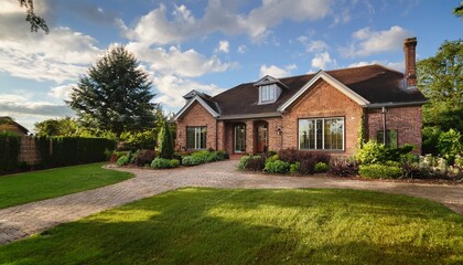 this image features a stylish brick residence surrounded by lush greenery and well maintained gardens representing the essence of a cozy and inviting neighborhood