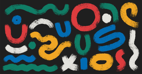 Set Of Abstract Black Charcoal Thick Wavy Lines, Semicircle, Hard Lines Circle. Hand Drawn Vector Abstract Strokes For Design, Print, Collage. Geometric Style Waves And Curves, Bold Grunge Shapes.