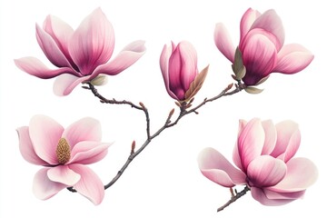 Pink magnolia blossoms on branch, isolated.