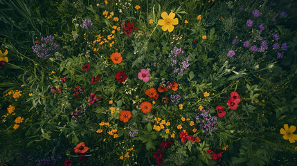 Aerial view of vibrant wildflower meadow with diverse blooms